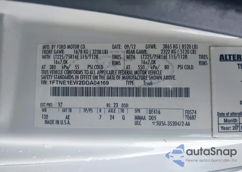 2013 Ford E-150 Commercial z USA, uszkodzony, nr VIN 1FTNE1EW2DDA04169